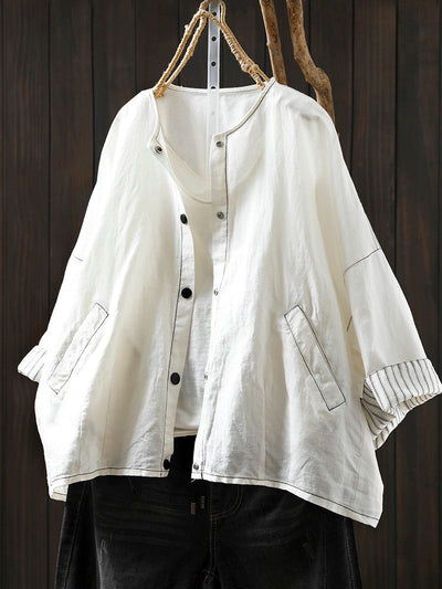 Women Summer Artsy Stripe Knitted O-Neck Linen Shirt