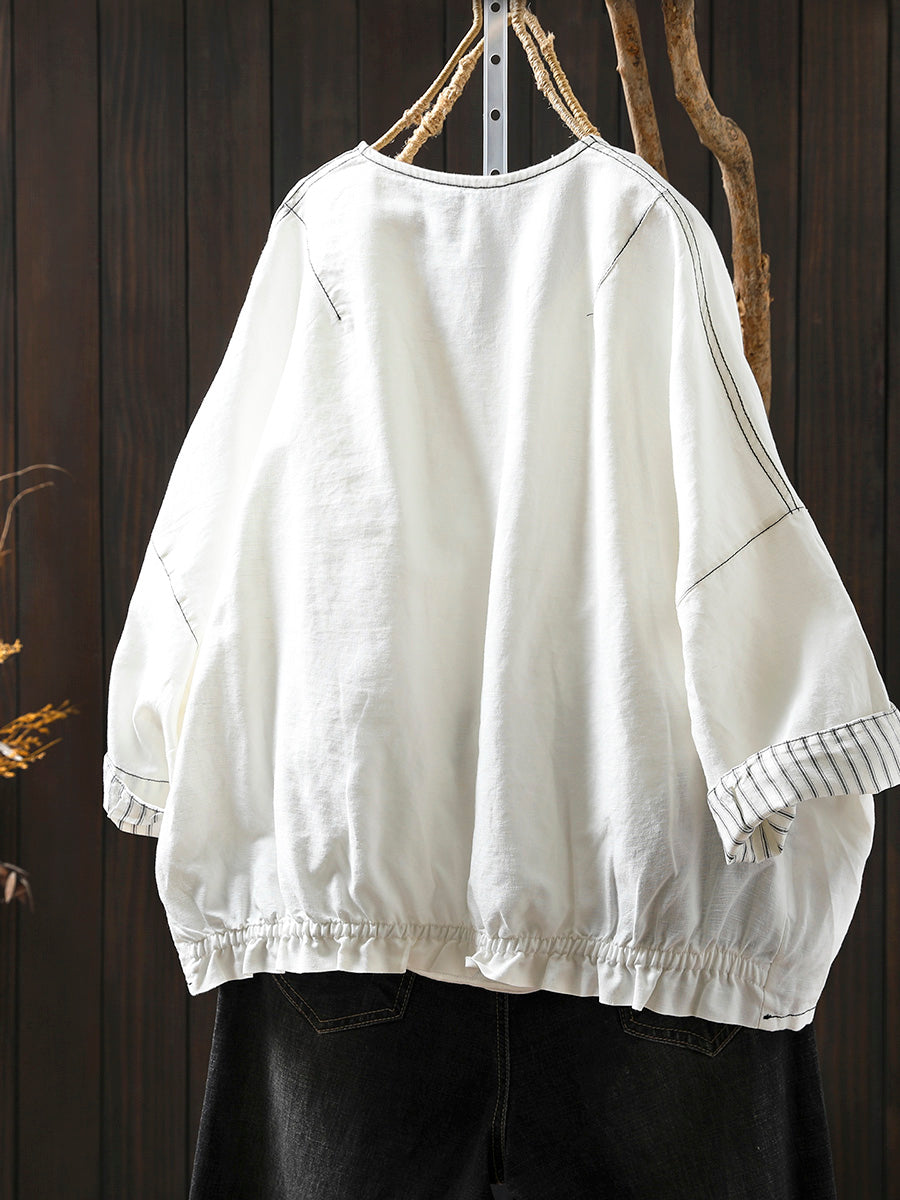 Women Summer Artsy Stripe Knitted O-Neck Linen Shirt