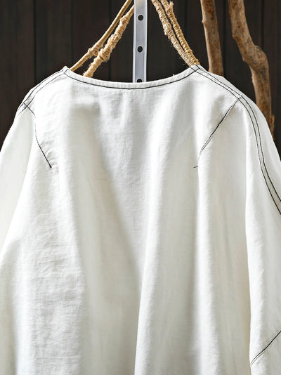 Women Summer Artsy Stripe Knitted O-Neck Linen Shirt