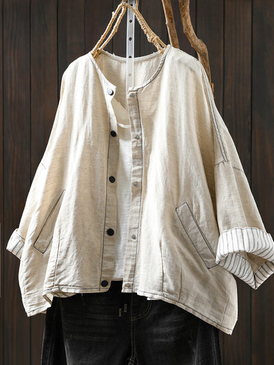 Women Summer Artsy Stripe Knitted O-Neck Linen Shirt