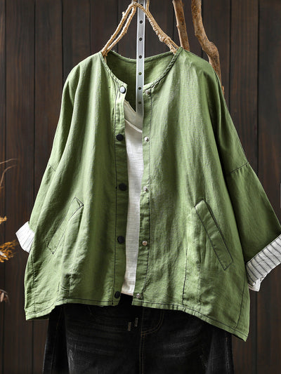 Women Summer Artsy Stripe Knitted O-Neck Linen Shirt