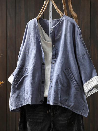 Women Summer Artsy Stripe Knitted O-Neck Linen Shirt