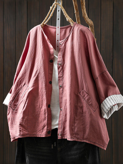 Women Summer Artsy Stripe Knitted O-Neck Linen Shirt