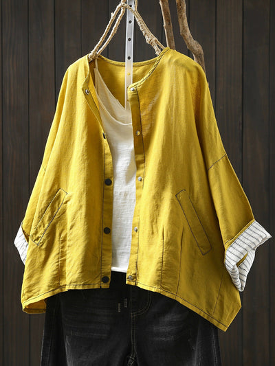 Women Summer Artsy Stripe Knitted O-Neck Linen Shirt