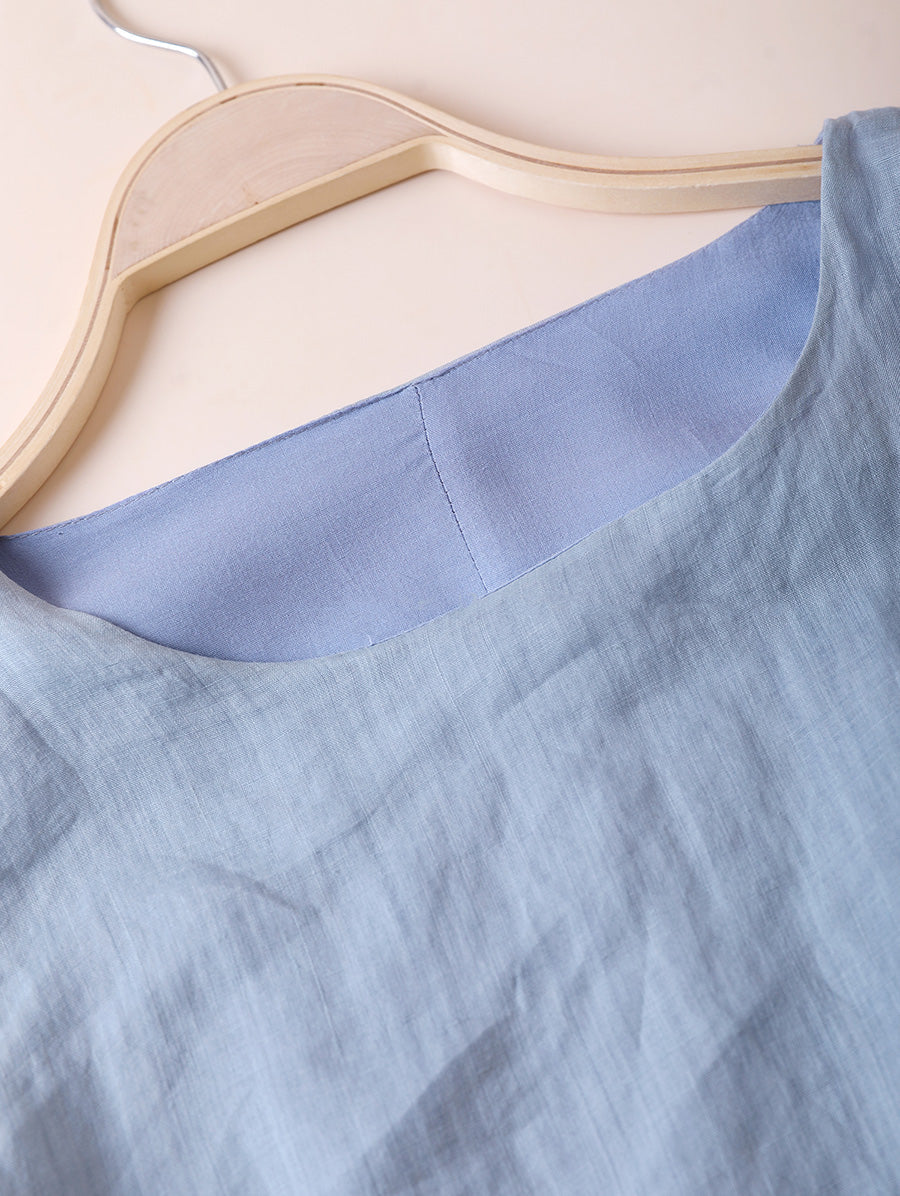 Plus Size Women Summer Pure Color Spliced O-Neck 100%Ramie Dress