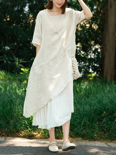 Plus Size Women Summer Pure Color Spliced O-Neck 100%Ramie Dress