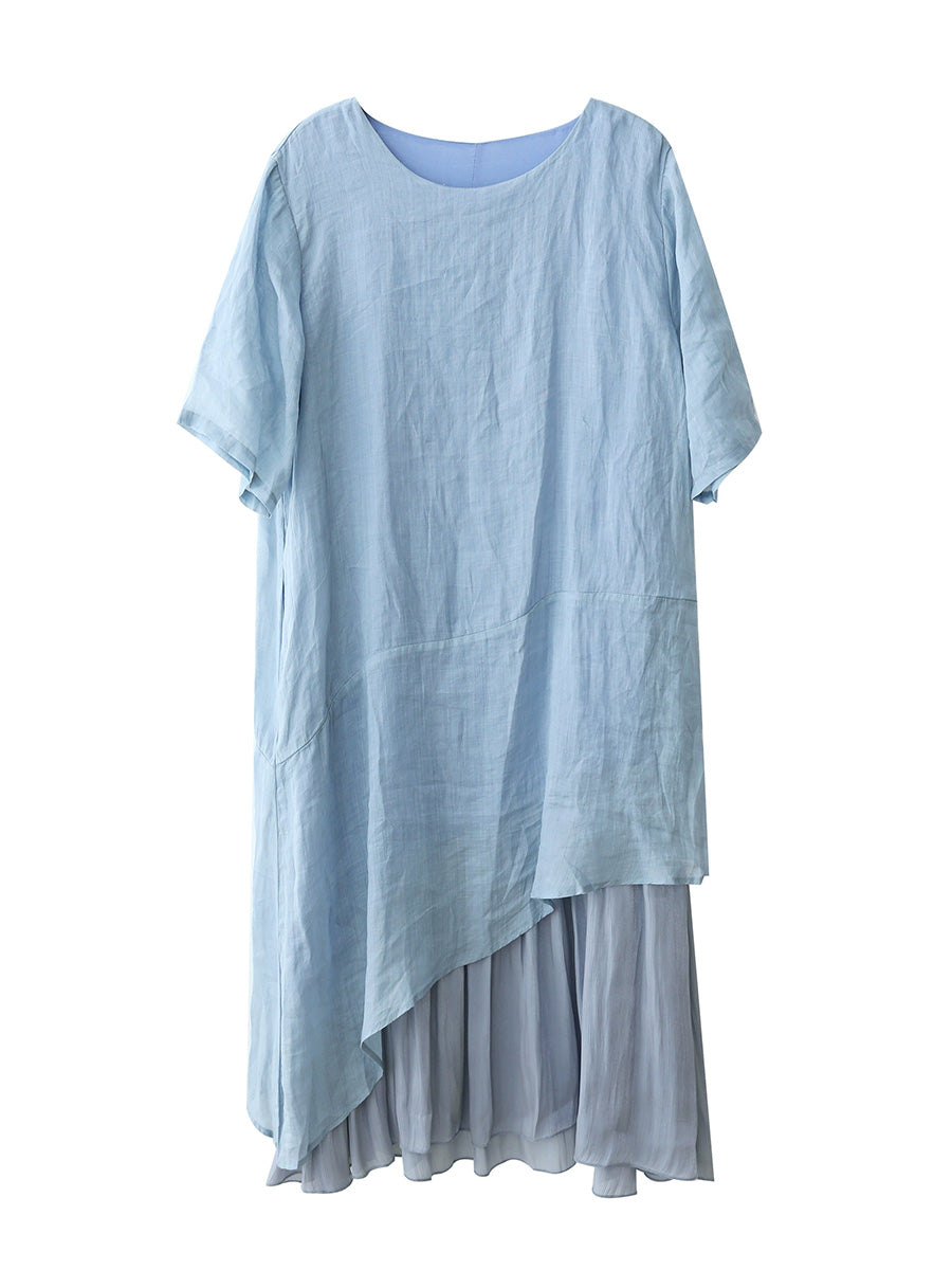 Plus Size Women Summer Pure Color Spliced O-Neck 100%Ramie Dress