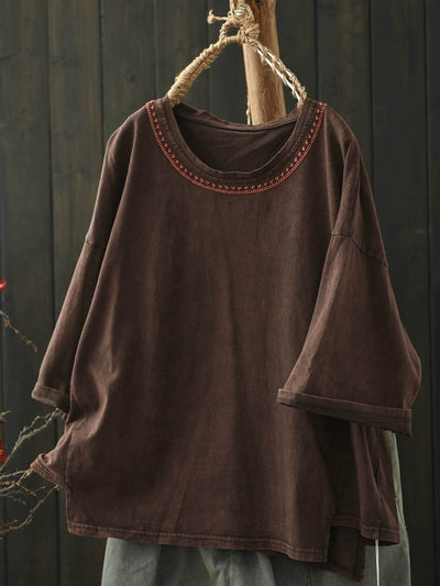 Women Summer Retro Embroidery Cotton O-Neck Shirt