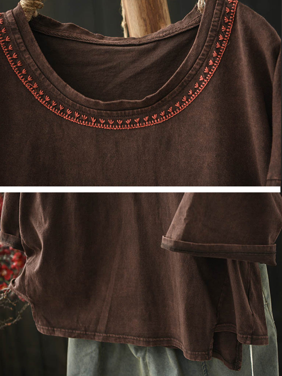 Women Summer Retro Embroidery Cotton O-Neck Shirt