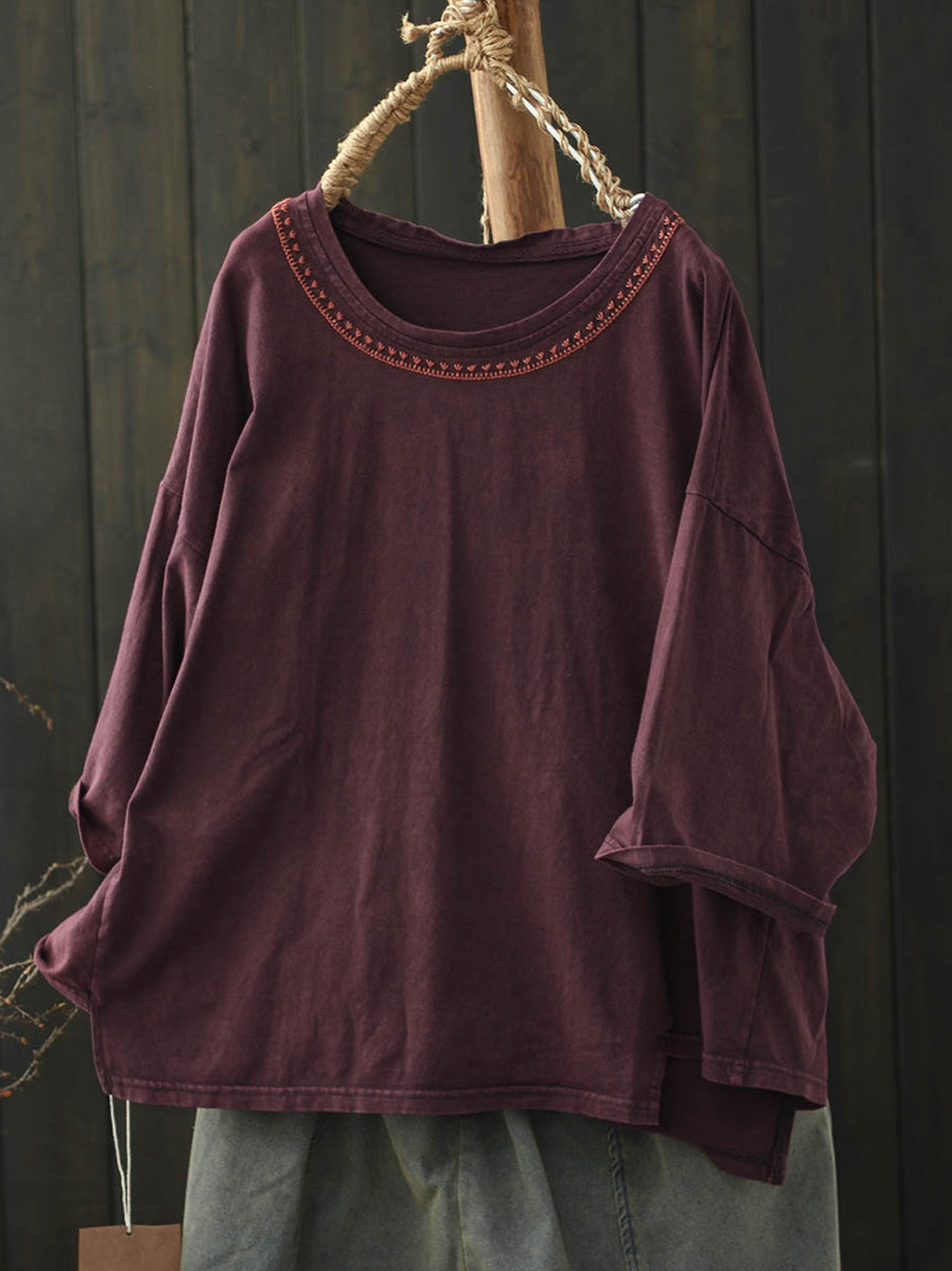 Women Summer Retro Embroidery Cotton O-Neck Shirt