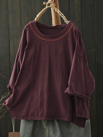 Women Summer Retro Embroidery Cotton O-Neck Shirt