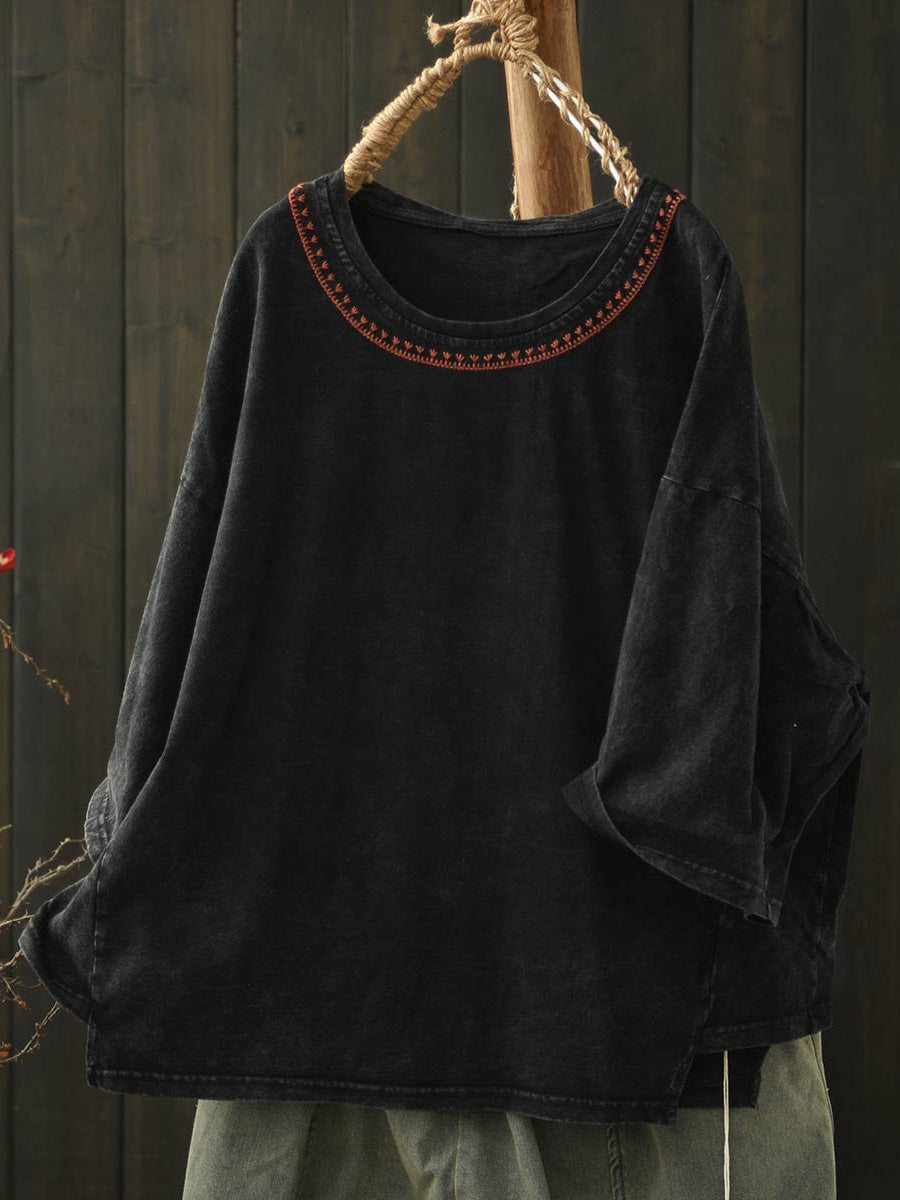 Women Summer Retro Embroidery Cotton O-Neck Shirt