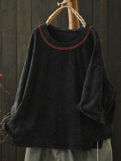 Women Summer Retro Embroidery Cotton O-Neck Shirt