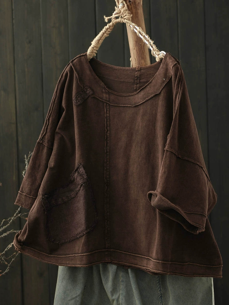 Plus Size Women Autumn Retro Pure Color Cotton Spliced O-Neck Shirt