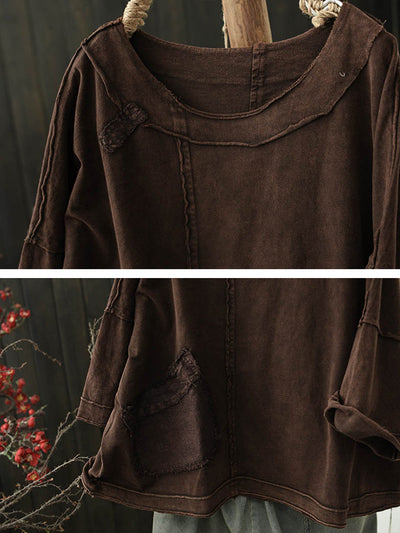 Plus Size Women Autumn Retro Pure Color Cotton Spliced O-Neck Shirt