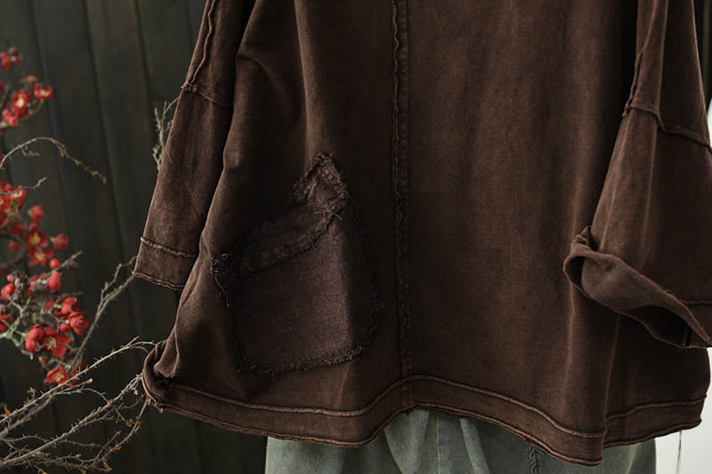 Plus Size Women Autumn Retro Pure Color Cotton Spliced O-Neck Shirt