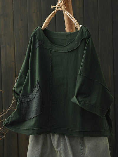 Plus Size Women Autumn Retro Pure Color Cotton Spliced O-Neck Shirt