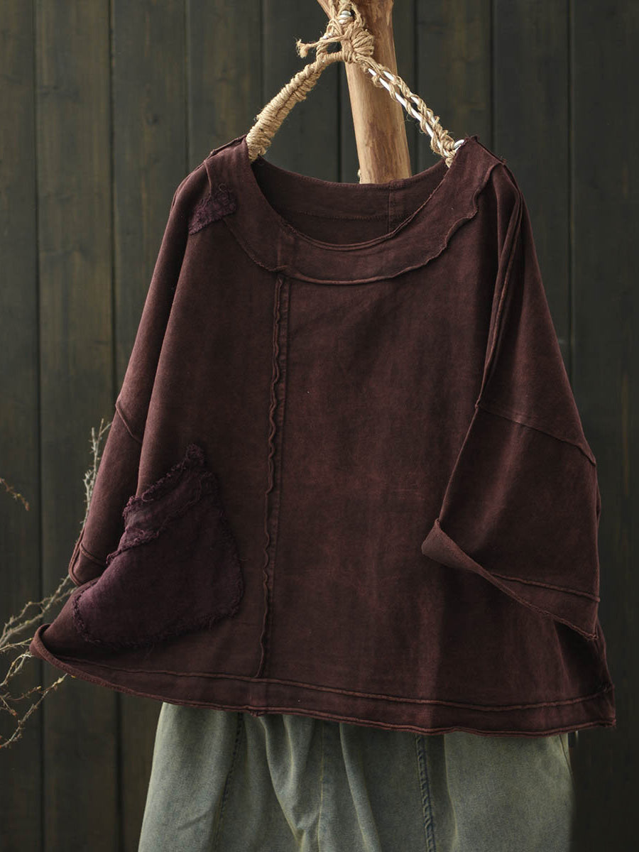 Plus Size Women Autumn Retro Pure Color Cotton Spliced O-Neck Shirt