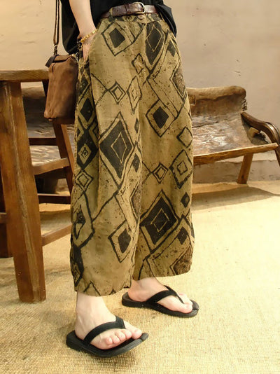 Women Summer Retro Rhomboids Hemp Harem Pants
