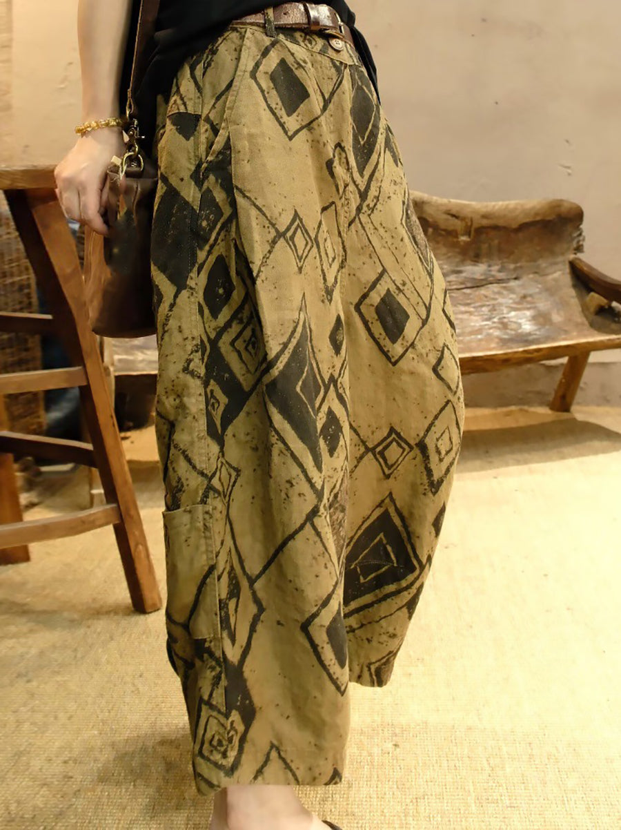 Women Summer Retro Rhomboids Hemp Harem Pants