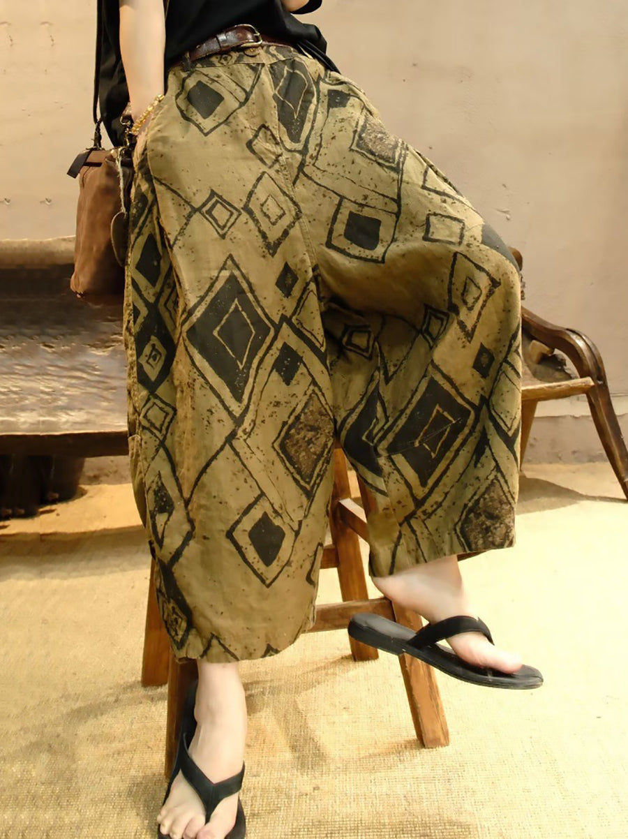 Women Summer Retro Rhomboids Hemp Harem Pants