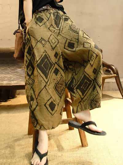 Women Summer Retro Rhomboids Hemp Harem Pants