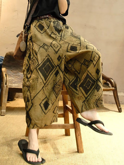Women Summer Retro Rhomboids Hemp Harem Pants