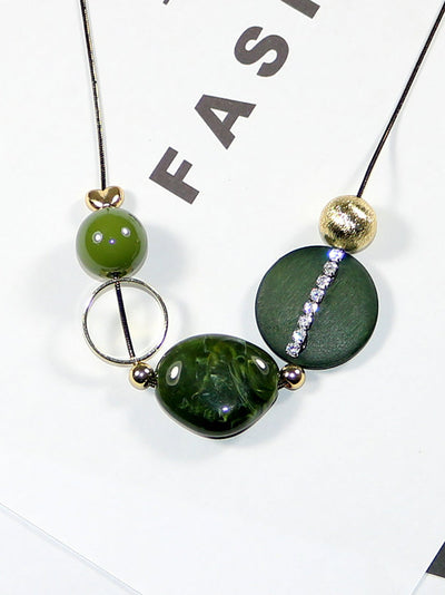 Women Vintage Wooden Bead Acrylic Alloy Necklace