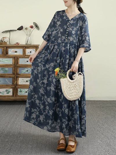 Plus Size Women Summer Vintage Flower V-Neck 100%Ramie Dress