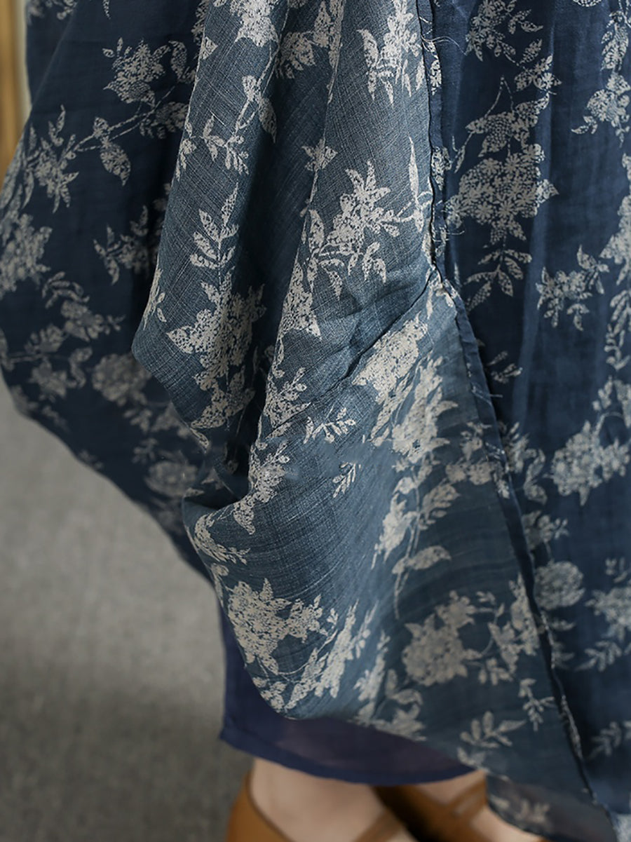 Plus Size Women Summer Vintage Flower V-Neck 100%Ramie Dress