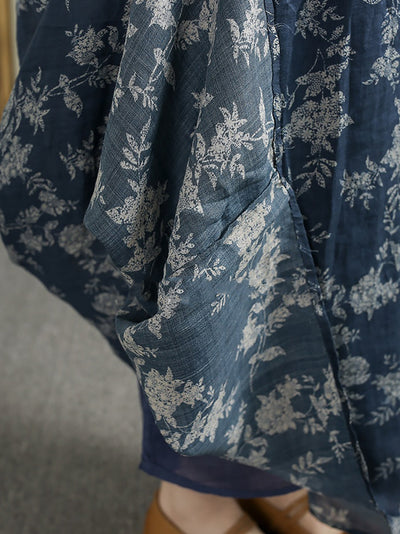 Plus Size Women Summer Vintage Flower V-Neck 100%Ramie Dress