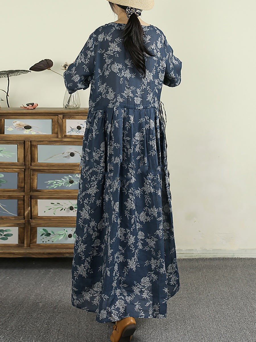 Plus Size Women Summer Vintage Flower V-Neck 100%Ramie Dress