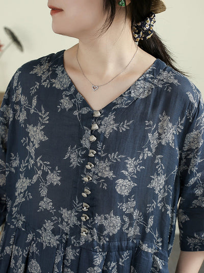 Plus Size Women Summer Vintage Flower V-Neck 100%Ramie Dress