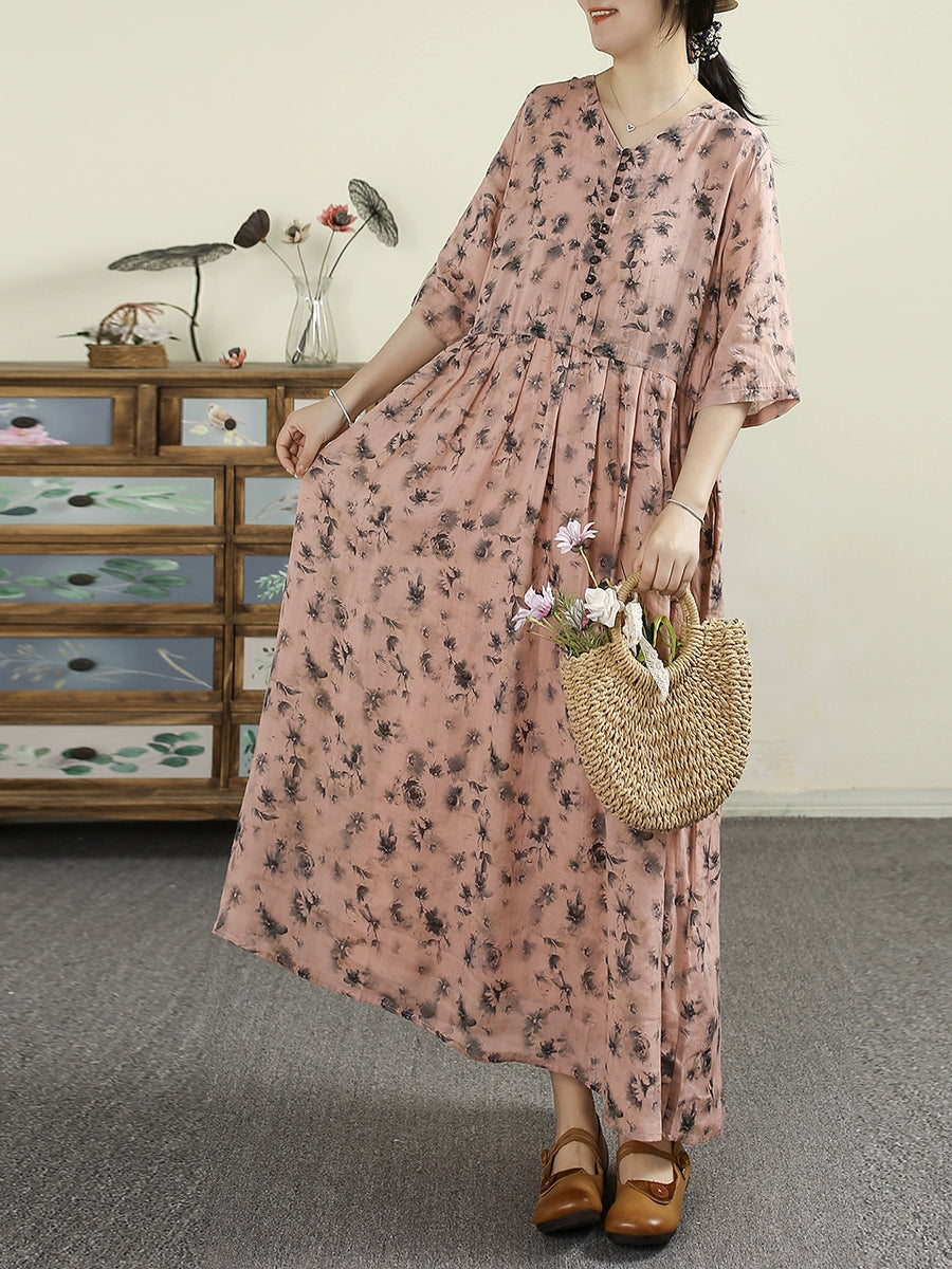 Plus Size Women Summer Vintage Flower V-Neck 100%Ramie Dress
