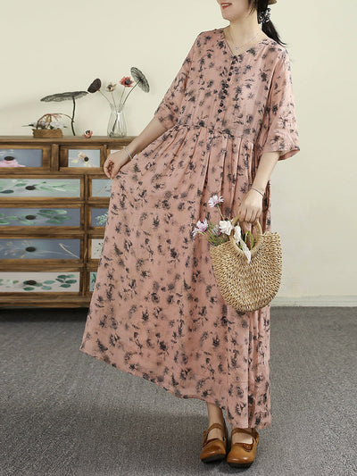 Plus Size Women Summer Vintage Flower V-Neck 100%Ramie Dress