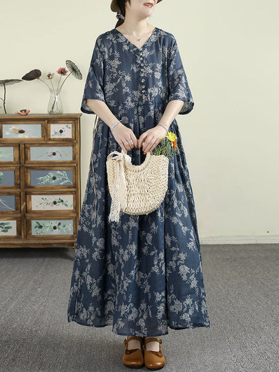 Plus Size Women Summer Vintage Flower V-Neck 100%Ramie Dress