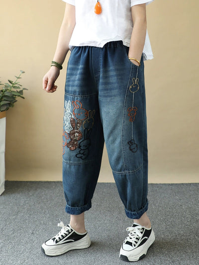 Women Summer Rabbit Embroidery Denim Harem Pants