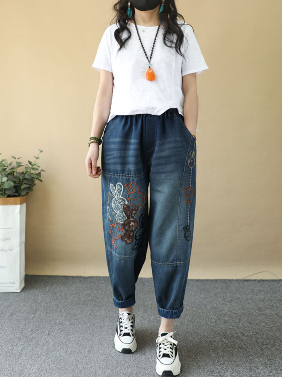 Women Summer Rabbit Embroidery Denim Harem Pants