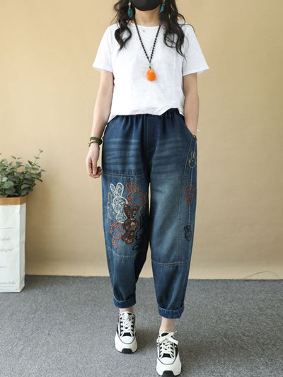 Women Summer Rabbit Embroidery Denim Harem Pants