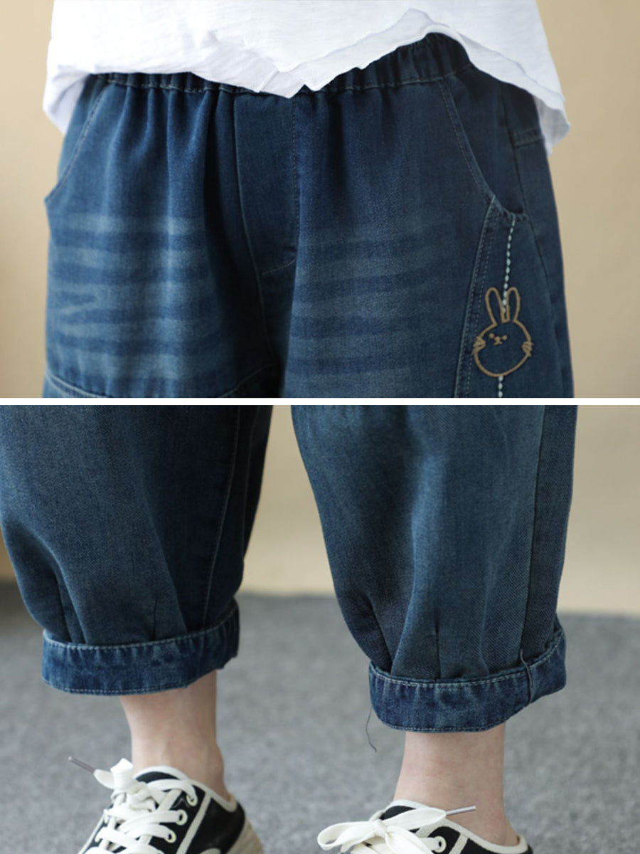 Women Summer Rabbit Embroidery Denim Harem Pants