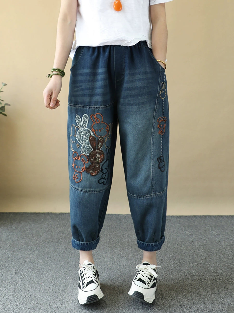 Women Summer Rabbit Embroidery Denim Harem Pants