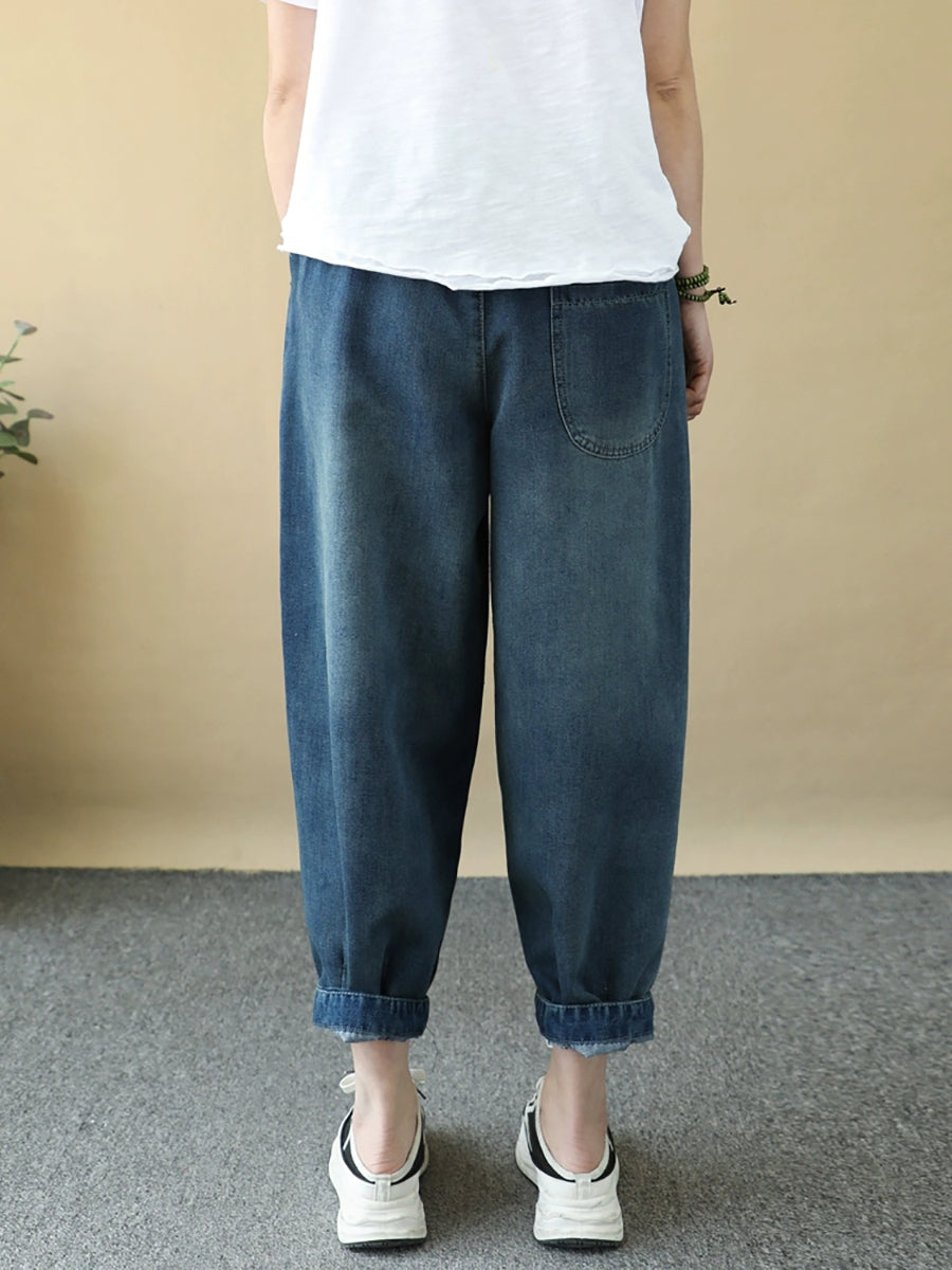 Women Summer Rabbit Embroidery Denim Harem Pants