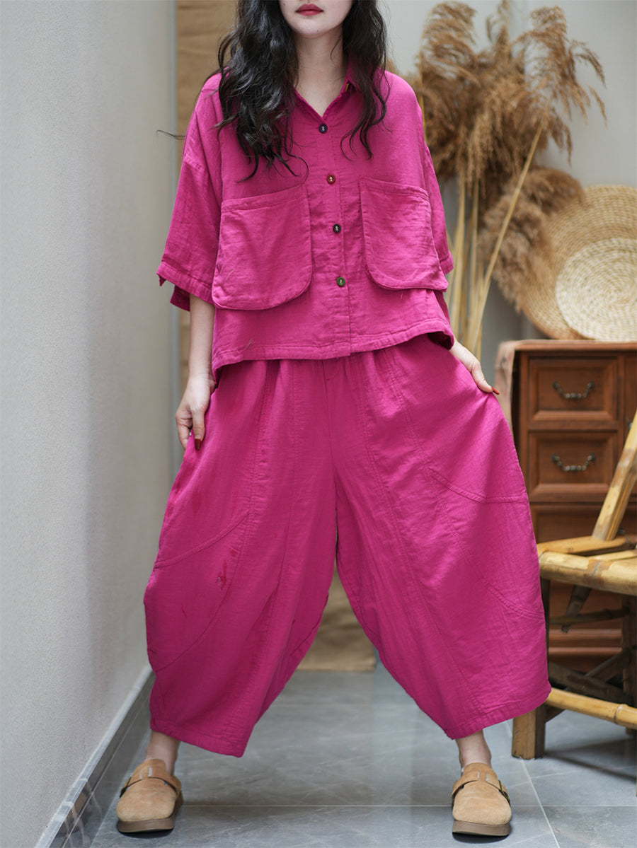 Plus Size Women Summer Vintage Pure Color Loose Suits