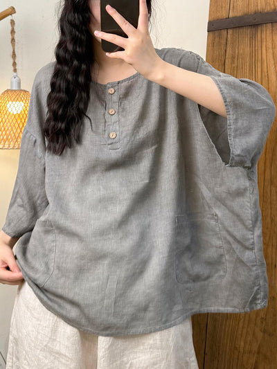 Plus Size Women Summer Retro Pure Color O-Neck Shirt