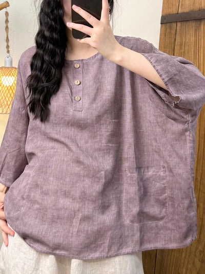 Plus Size Women Summer Retro Pure Color O-Neck Shirt
