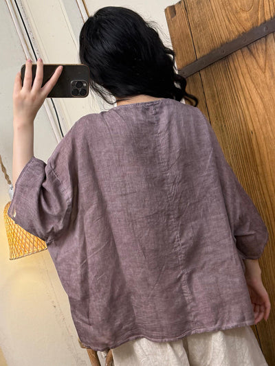 Plus Size Women Summer Retro Pure Color O-Neck Shirt