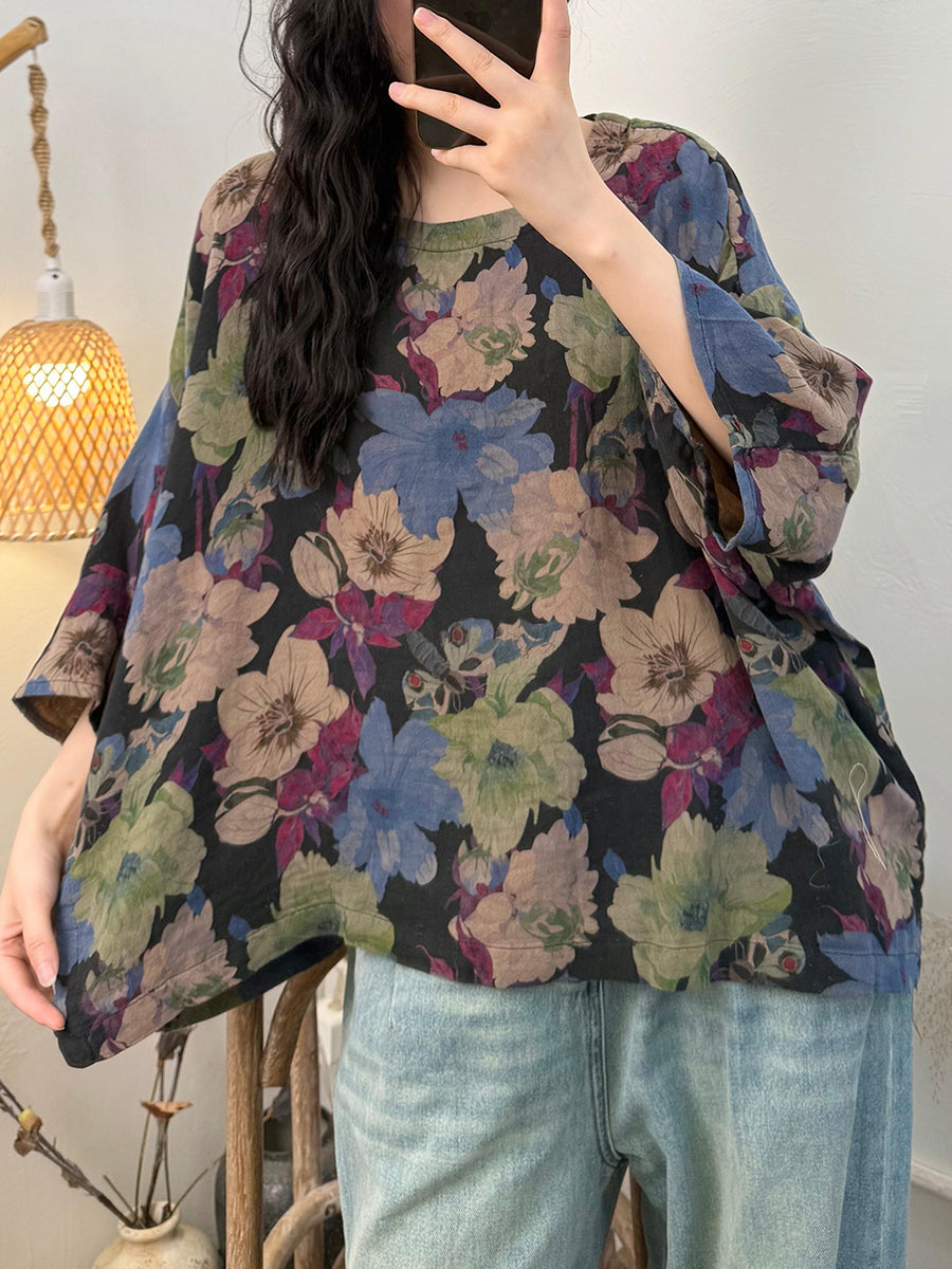 Plus Size Women Summer Casual Flower O-Neck 100%Cotton Loose Shirt