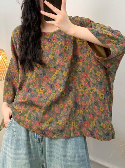 Plus Size Women Summer Casual Flower O-Neck 100%Cotton Loose Shirt