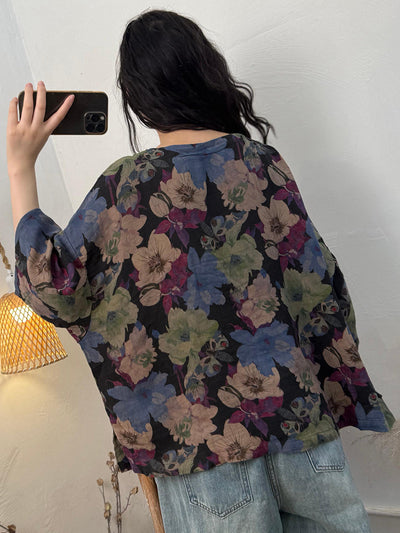 Plus Size Women Summer Casual Flower O-Neck 100%Cotton Loose Shirt