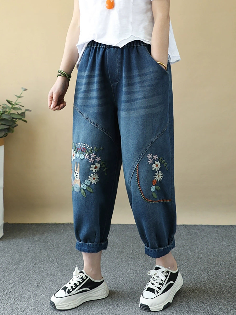 Women Summer Rabbit Embroidery Denim Harem Pants